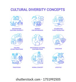 Cultural diversity blue gradient concept icons set. Respect for different nationality. Multi ethnic equality in group idea thin line RGB color illustrations. Vector isolated outline drawings