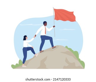 Cultural diversity in corporate leadership 2D vector isolated illustration. Team members successful cooperation flat characters on cartoon background. Colourful scene for mobile, website, presentation