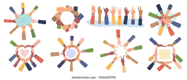 Cultural Diversity Day vector set isolated. Diverse human hands united for social freedom, peace, showing different gestures, togetherness concept. Palms making heart, holding speech bubble, teamwork