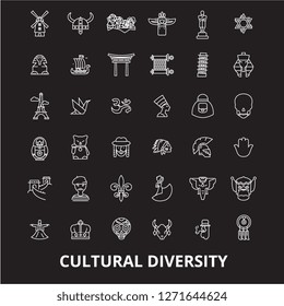 Cultural diversity editable line icons vector set on black background. Cultural diversity white outline illustrations, signs, symbols