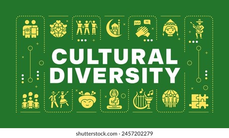 Cultural diversity green word concept. Different cultures, foreign language. Multi ethnic. Visual communication. Vector art with lettering text, editable glyph icons