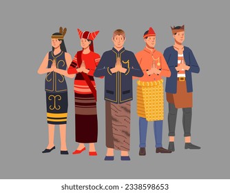 Diversidad cultural del estado indonesio, personas, hombres y mujeres, usan ropa tradicional de cada región icónica