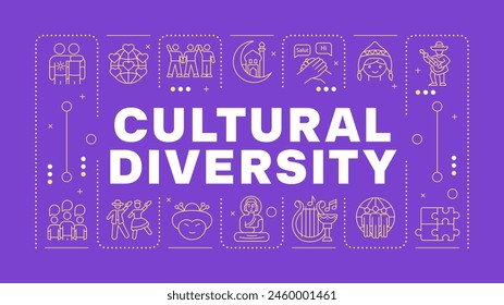 Cultural diversity purple word concept. Different cultures, foreign language. Multi ethnic. Horizontal vector image. Headline text surrounded by editable outline icons. Hubot Sans font used