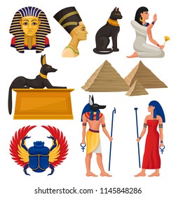 Cultural elements of ancient Egypt. Pharaoh and queen, sacred animals, Egyptian pyramids and people. Flat vector set