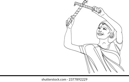 Cultural Enchantment: Indian Women Dancing with Dandiya - Vector Graphic Artwork, Folk Dance Tradition: Indian Women's Dandiya Performance - Black and White Clip Art