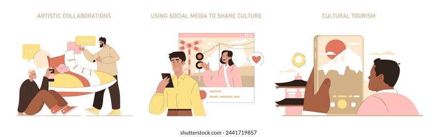 Cultural Engagement Set. Creative individuals sharing heritage through artistic collaboration, social media storytelling, and travel. Celebrating global traditions. Vector illustration.