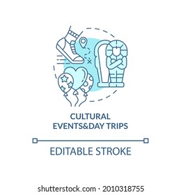 Cultural events and day trips concept icon. Internship program abstract idea thin line illustration. Providing travel excursions, social events. Vector isolated outline color drawing. Editable stroke