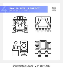 Cultural events pixel perfect linear icons set. Music festival. Theatrical performance. Trade conference. Customizable thin line symbols. Isolated vector outline illustrations. Editable stroke