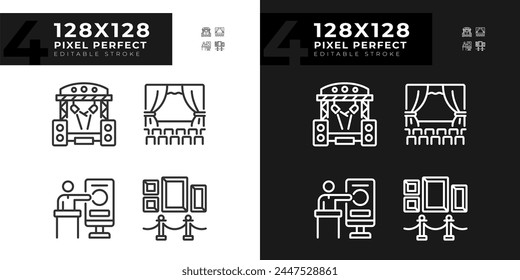 Cultural events pixel perfect linear icons set for dark, light mode. Theatrical performance. Trade conference. Thin line symbols for night, day theme. Isolated illustrations. Editable stroke