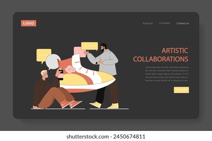 Cultural Exchange concept. Two people engage in sharing ideas symbolized by speech bubbles with art elements. Creative partnership and diverse perspectives. Vector illustration.