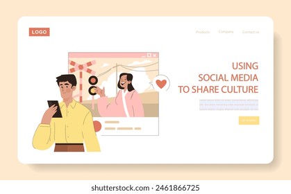 Cultural Exchange Online concept. An illustration capturing a joyful moment of sharing cultural experiences on social media platforms. Vector illustration.