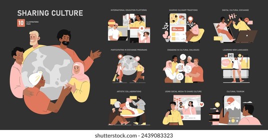 Cultural Exchange set. Diverse groups engage in global dialogue and education. Sharing traditions, learning languages, artistic cooperation. Vector illustration.