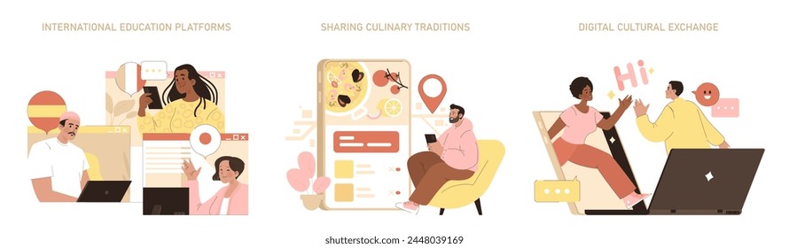 Cultural Exchange set. People engage in intercultural interaction through online learning, food sharing, and digital greeting. Virtual connection, education, and cuisine tradition Vector illustration.