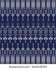 Cultural Geometric Ethnic pattern on Navy blue, aztec, Tribal, traditional fabric, silk, textile, illustration design.