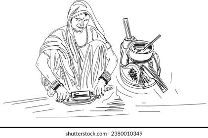 Cultural Heritage: Indian Village Woman Cooking in Traditional Kitchen - Vector Illustration "Ancient Culinary Traditions: Sketch Drawing of Indian Woman Cooking in Old Kitchen"