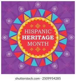 Cultural Heritage Month text inside a circle. Colorful triangular flag with purple background. Hispanic Heritage Month concept. Flat vector illustration.