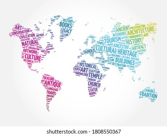 Cultural heritage word cloud in shape of world map, concept background
