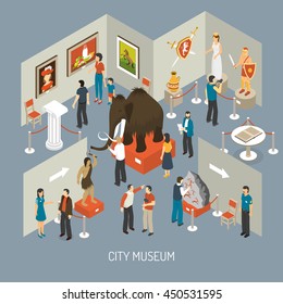 Cultural history city center museum exhibits galleries with antique archaeological finds isometric composition poster abstract vector illustration