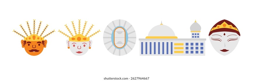 ícones culturais de Java, Indonésia, retratados em um estilo vetorial plano, mostrando máscaras tradicionais, marcos e elementos arquitetônicos. Ideal para viagens, projetos culturais e históricos.