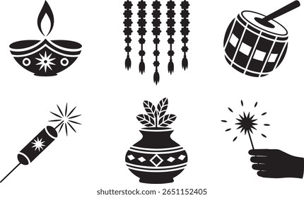 Cultural icons set with diya lamp garlands crackers pot sparkler and drum used for celebrating Indian Diwali festival used in greeting cards decor prints and events