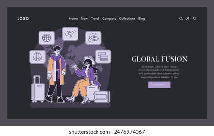 Cultural integration concept. Diverse characters embracing global travel and experiences depicted with travel icons. Vector illustration.