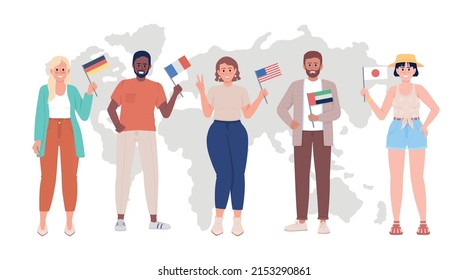 Diversidad cultural y lingüística 2D ilustración aislada vectorial. Gente con banderas de países con personajes planos sobre el fondo de las caricaturas. Escena colorida de la comunidad para móviles, sitio web, presentación