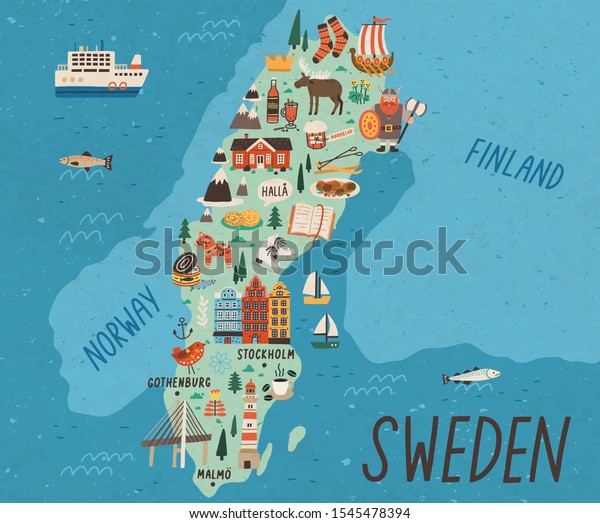 Cultural map of Sweden flat vector illustration.\
European country traditional landmarks and tourist attractions. EU\
state cartoon drawing. Travel guide with famous sights and\
animals.