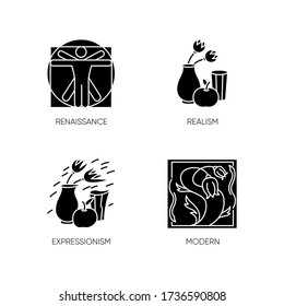 Cultural movements black glyph icons set on white space. Renaissance and modern European art styles. Realism and expressionism paintings. Silhouette symbols. Vector isolated illustration