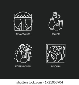 Cultural movements chalk white icons set on black background. Renaissance and modern European art styles. Realism and expressionism paintings. Isolated vector chalkboard illustrations