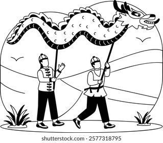 Cultural Performances limbless reptile vector design, Chinese New Years Beginnings scene Zodiac Wood Snake 2025 banner China Spring Festival illustration, Legendary snake dance being performed concept