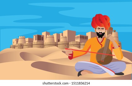 cultural rajasthani folk musician playing music instrument in desert , fort in background  vector illustration
