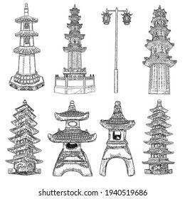 Cultural and religious Chinese and Japanese pagoda palace statues set. Japanese street lamp Toro and Chinese style pole light. Traditional architecture buildings and Asian lanterns. Vector.