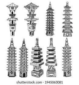 Cultural and religious Chinese and Japanese pagoda palace statues and watch towers set, Eastern Han Dynasty. Asian traditional architecture building. China ancient watchtower landmarks. Vector.