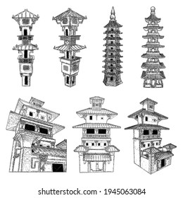 Cultural and religious Chinese and Japanese pagoda palace statues and watch towers set, Eastern Han Dynasty. Asian traditional architecture building. China ancient watchtower landmarks. Vector.