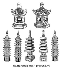 Cultural and religious Chinese and Japanese pagoda palace statue. Asian traditional architecture building made of stone. Stupa near temple. Japanese Buddhist Toro street lamp lantern. Vector.