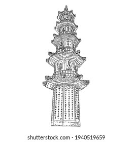 Cultural and religious Chinese pagoda palace statue. China traditional architecture building made of stone. Stupa replication near temple. Spiritual tomb or monument with tiers and roof eaves. Vector.