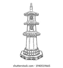 Cultural and religious Chinese pagoda palace statue. China traditional architecture building made of stone. Stupa replication near temple. Spiritual tomb or monument with tiers and roof eaves. Vector.