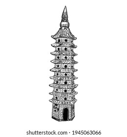 Cultural and religious Chinese pagoda palace statue. China traditional architecture building made of stone. Stupa replication near temple. Spiritual tomb or monument with tiers and roof eaves. Vector.