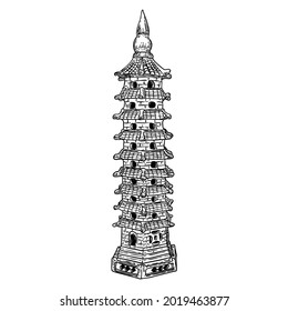 Cultural and religious Chinese pagoda palace statue. China traditional architecture building made of stone. Stupa replication near temple. Spiritual tomb or monument with tiers and roof eaves. Vector.