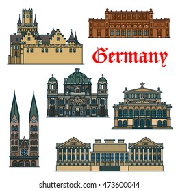 Cultural, religious and historical travel landmarks of Germany icon with thin line Berlin and St. Peter Cathedrals, Alte Oper Concert Hall, gothic Marienburg Castle, Pergamon and Kunsthalle museums