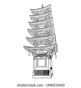 Cultural and religious Japanese pagoda palace. Japan traditional architecture building made of wood. Stupa near temple. Spiritual tomb or monument with tiers and roof eaves. Vector.