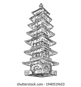 Cultural and religious Japanese pagoda palace. Japan traditional architecture building made of wood. Stupa near temple. Spiritual tomb or monument with tiers and roof eaves. Vector.