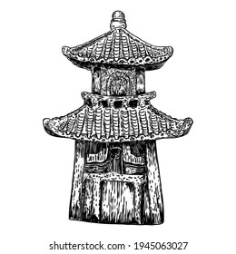 Cultural and religious Japanese pagoda palace. Japan traditional architecture building made of wood. Stupa near temple. Spiritual tomb or monument with tiers and roof eaves. Vector.