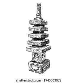 Cultural and religious Japanese pagoda palace. Japan traditional architecture building made of wood. Stupa near temple. Spiritual tomb or monument with tiers and roof eaves. Vector.
