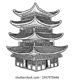 Cultural and religious Japanese pagoda palace. Japan traditional architecture building made of wood. Stupa near temple. Spiritual tomb or monument with tiers and roof eaves. Vector.