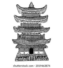 Cultural and religious Japanese pagoda palace. Japan traditional architecture building made of wood. Stupa near temple. Spiritual tomb or monument with tiers and roof eaves. Vector.
