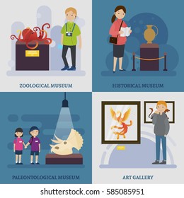 Cultural rest concept with people visiting zoological historical archaeological museums and art gallery vector illustration