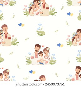 Cultural seamless pattern. Cute Ukrainian family. Dear mom, dad with son and daughter in traditional embroidered clothes on white background with flowers and yellow-blue hearts. Vector illustration.