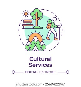 Cultural service multi color concept icon. Ecosystem service. Recreational activities. Scenic landscapes. Round shape line illustration. Abstract idea. Graphic design. Easy to use in article