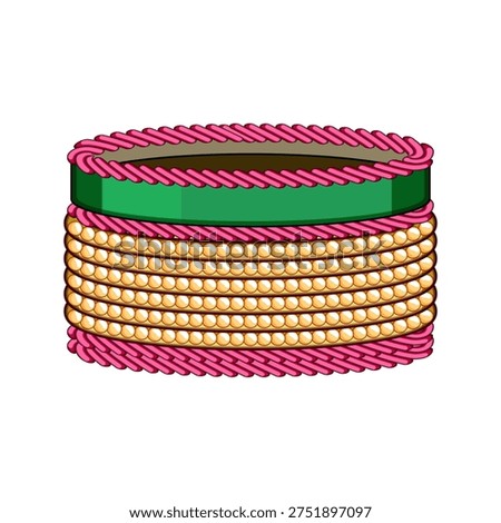 Cultural stack of intricate indian churi bracelets featuring vibrant pink twisted cords, sparkling golden beads, and a rich green ribbon, representing traditional adornment